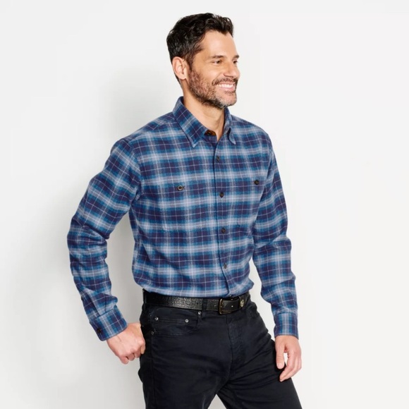 NWT Men’s Blue Grey Plaid ORVIS Long Sleeve Button Down Perfect Flannel Shirt - Picture 2 of 10